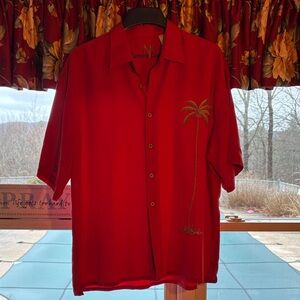 BAMBOO Cay Red Short-Sleeve Palm-Embroidered Camp Shirt